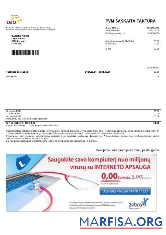 Downloadable Lithuania Teo business utility bill template in Word and PDF formats